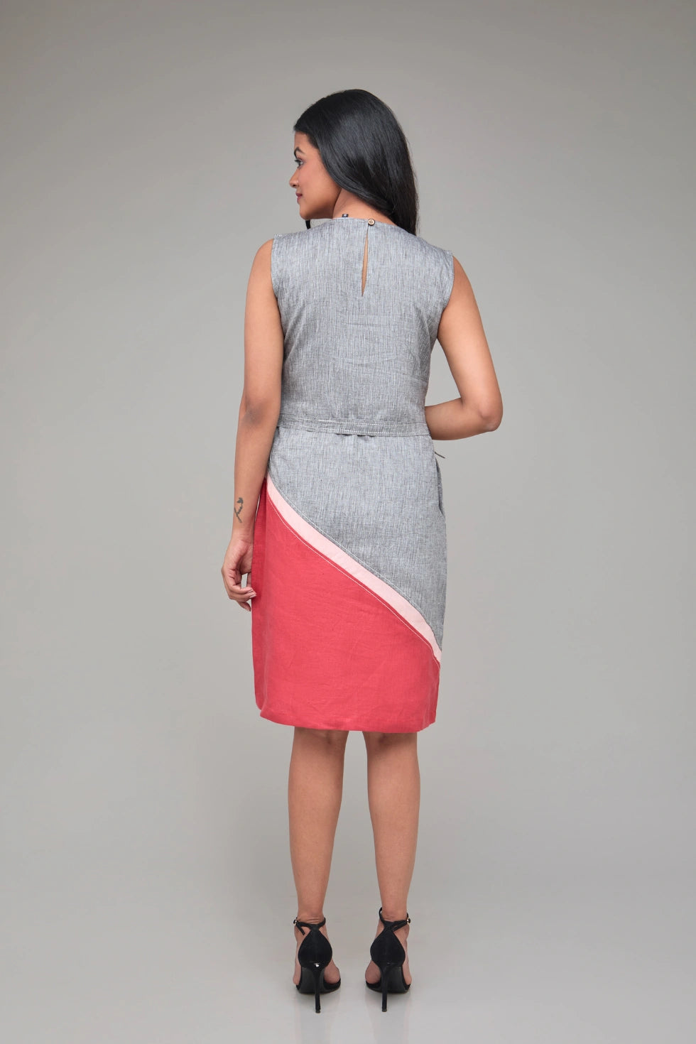 Contrast Half Sleeves Hemp Shift Dress