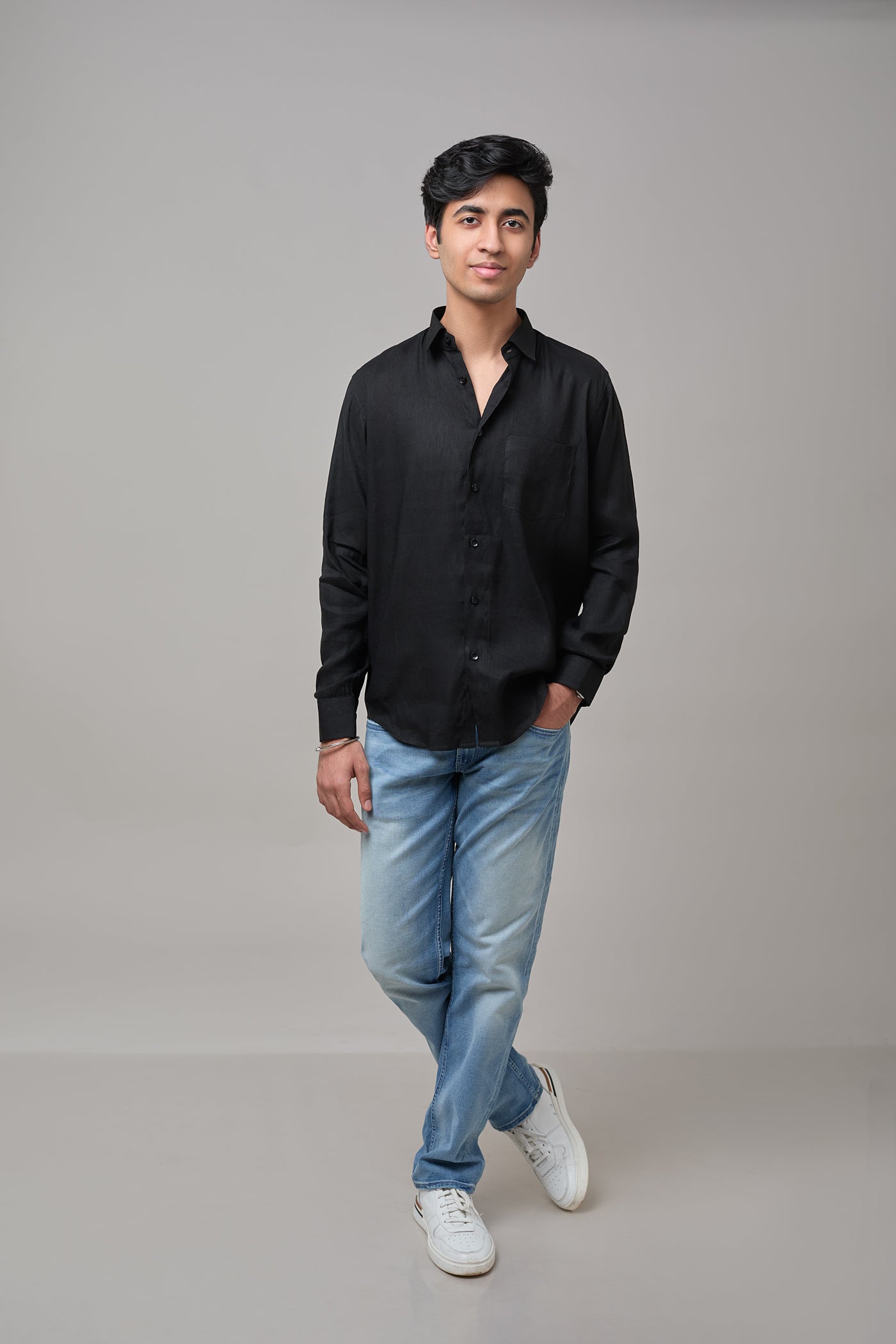 Men Solid Hemp Casual Black Shirt