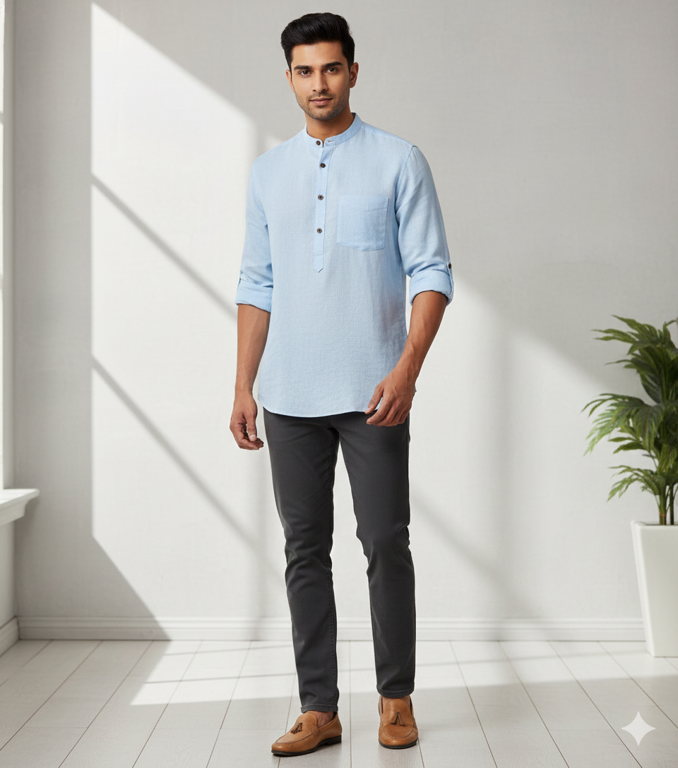 Men Solid Hemp Short Kurta