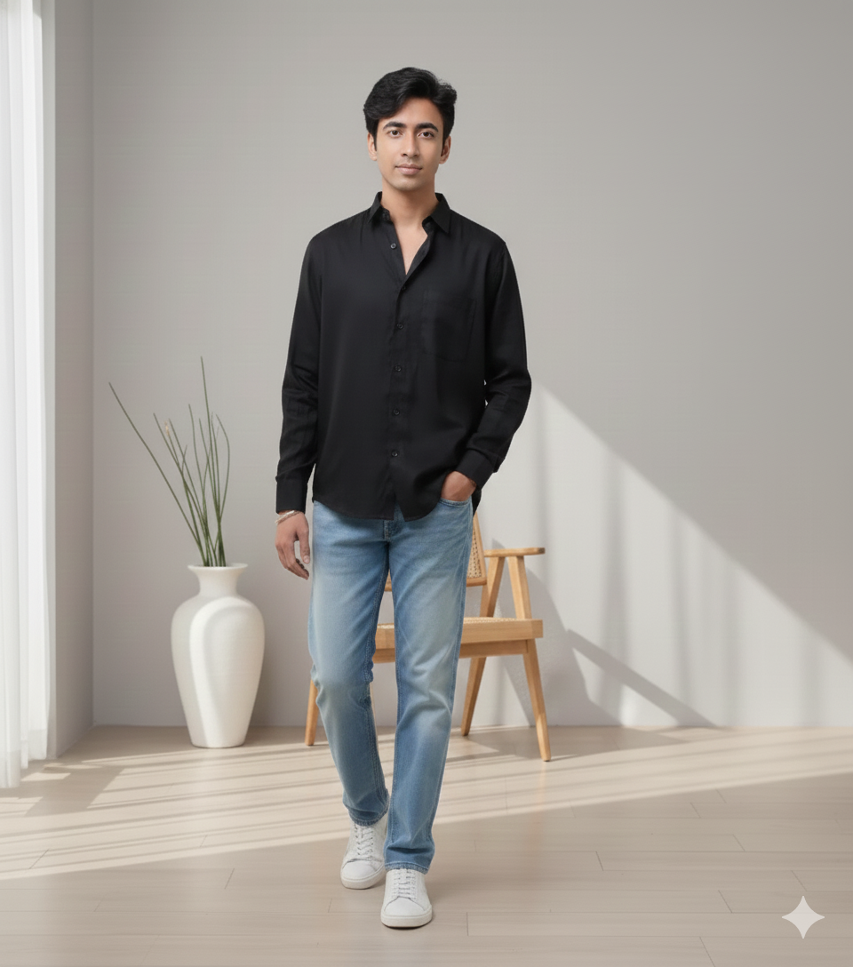 Men Solid Hemp Casual Black Shirt