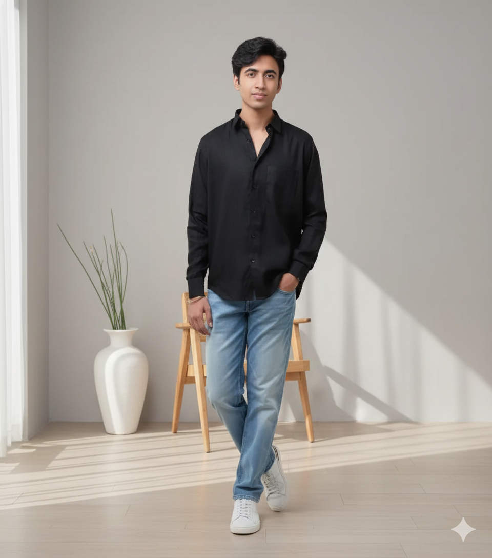 Men Solid Hemp Casual Black Shirt