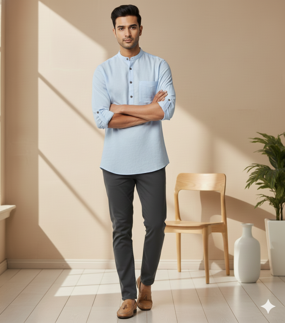 Men Solid Hemp Short Kurta