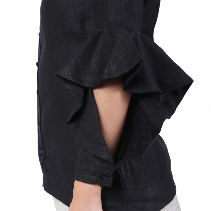 Hemp Black Asymmetric Ruffled Sleeves Shirt