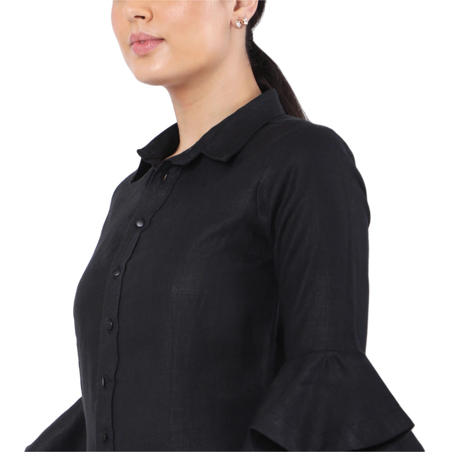 Hemp Black Asymmetric Ruffled Sleeves Shirt
