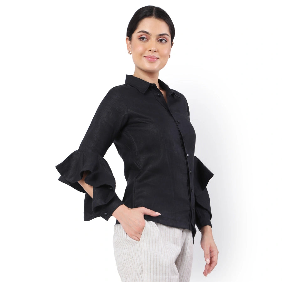 Hemp Black Asymmetric Ruffled Sleeves Shirt