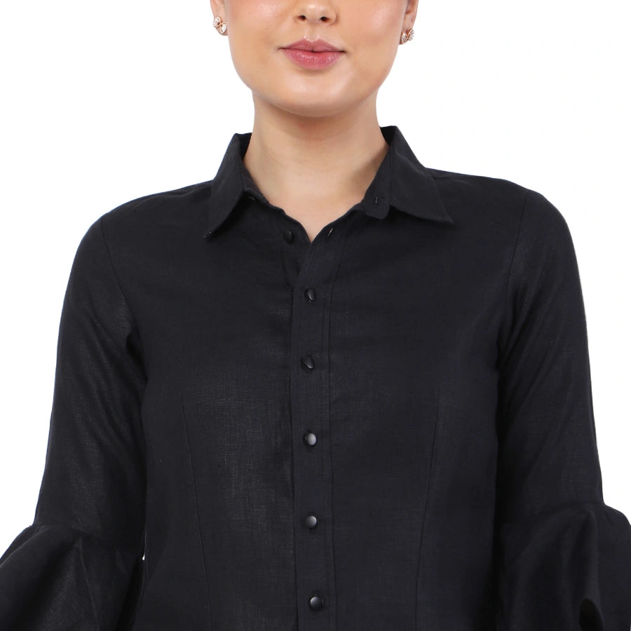 Hemp Black Asymmetric Ruffled Sleeves Shirt