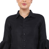 Hemp Black Asymmetric Ruffled Sleeves Shirt