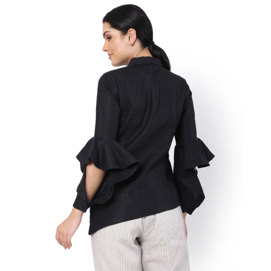 Hemp Black Asymmetric Ruffled Sleeves Shirt
