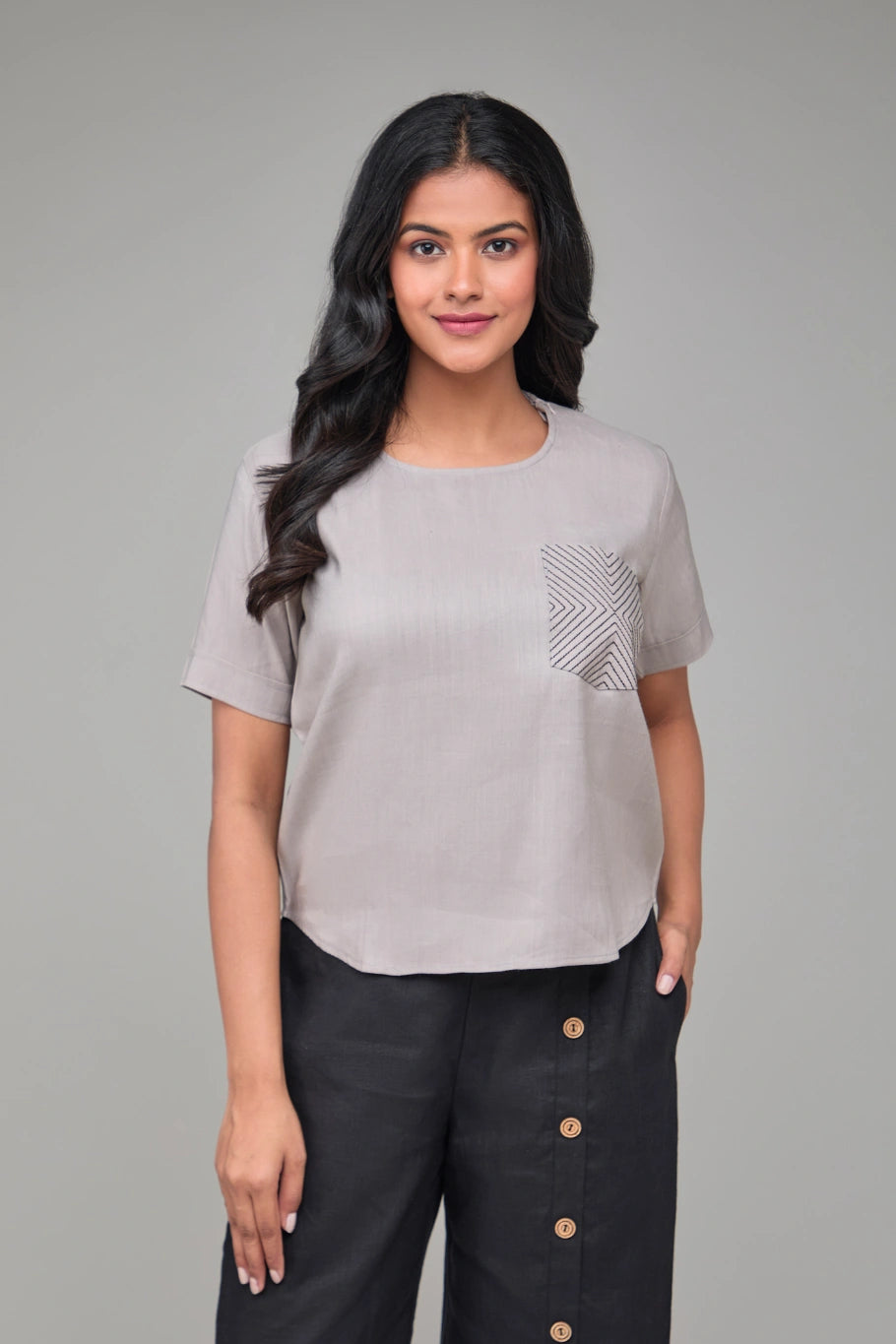 Hemp Beige T-Kurta With Pocket Pattern