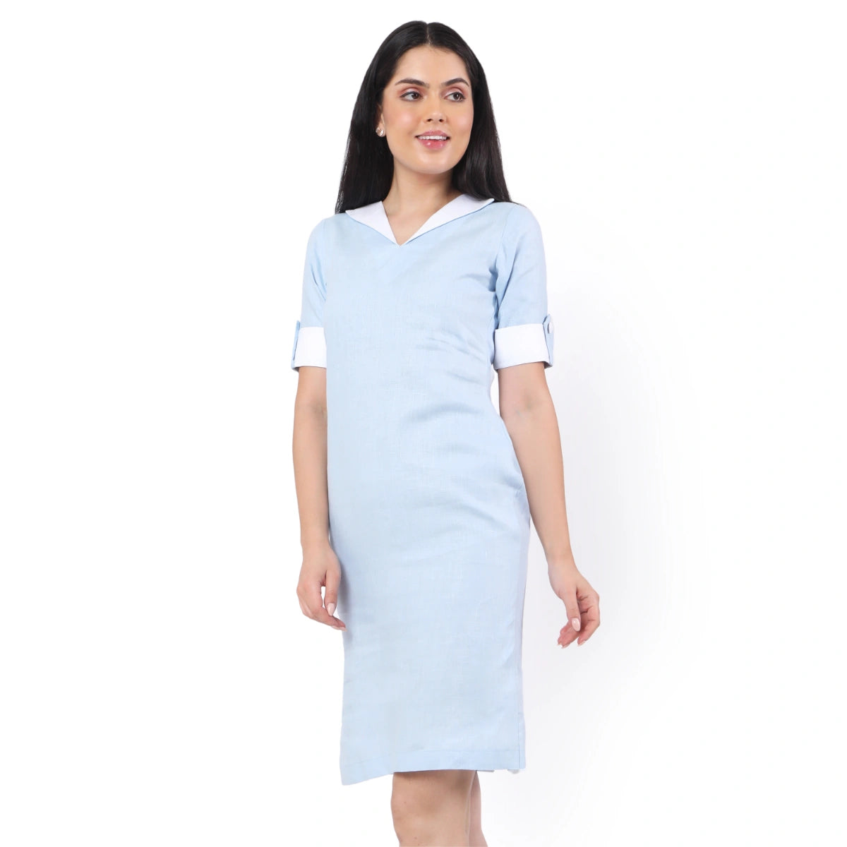 Hemp V Neck Dress Blue