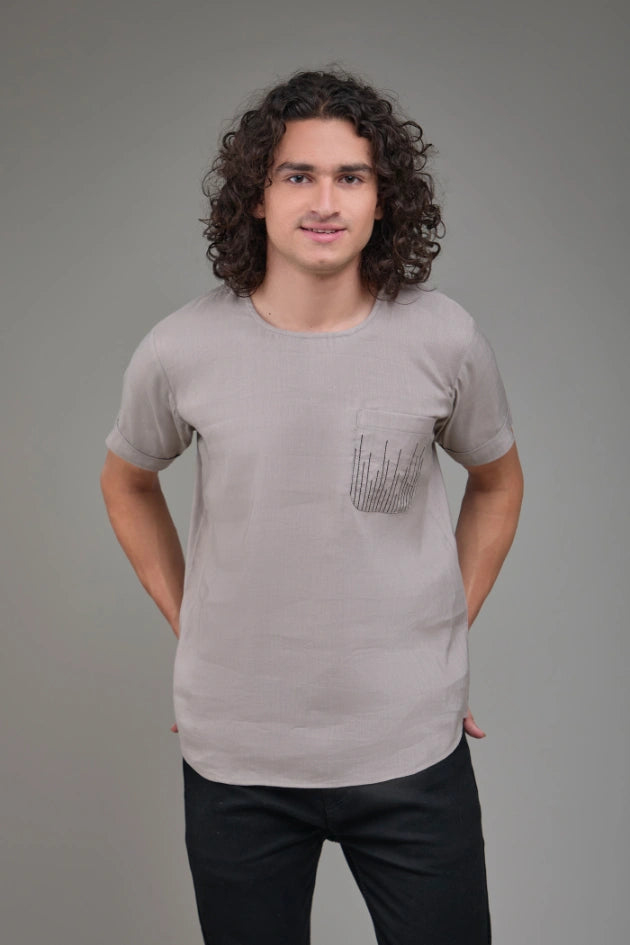 Men Solid Hemp T-Kurta Grey
