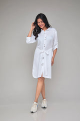 White Three Quarter Sleeves Hemp Shirt Dress