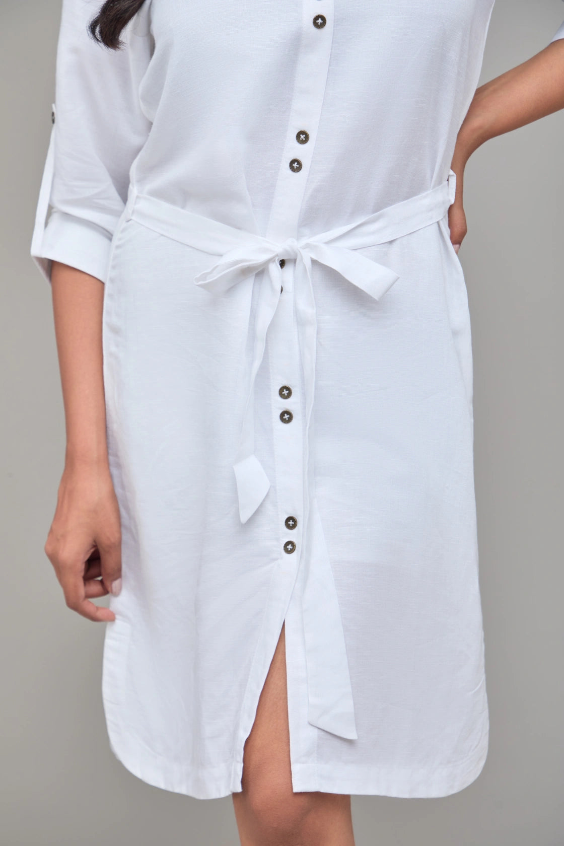 White Three Quarter Sleeves Hemp Shirt Dress